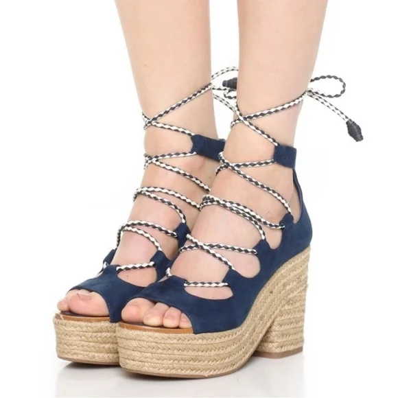 TORY BURCH Positano Suede Lace Up Platform Heel Women Sandals Size 9.5 Blue Beig - Picture 2 of 14